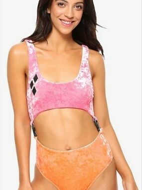 DC Comics Pink and Orange Velvet Cutout Swim Bodysuit